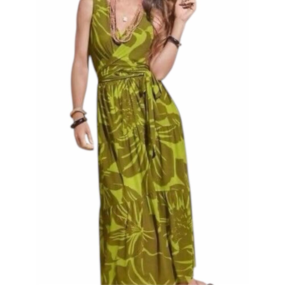 CAbi Tie Front Tropical Palm Print Tank Maxi Dress Lime Olive XS Style #5953